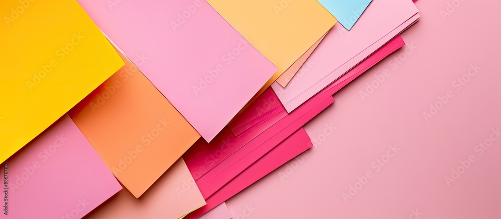 A selection of paper pieces on a pink desk with a top down view is perfect for showcasing a copy space image A selection of paper pieces on a pink desk with a top down view is perfect for showcasing a copy space image