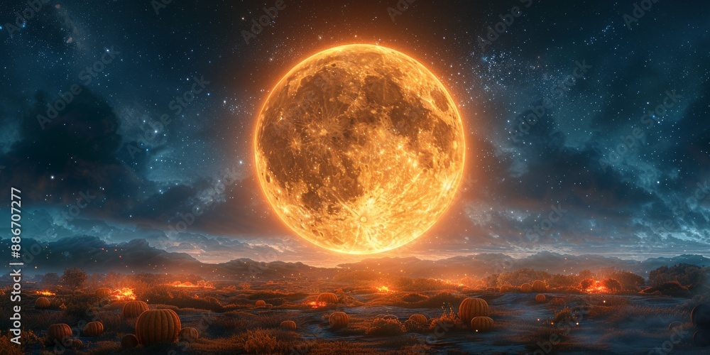 Harvest moon over pumpkin patch for Harvest Moon Festival, September 29th, glowing full moon, autumn night, tranquil scene Harvest moon over pumpkin patch for Harvest Moon Festival, September 29th, glowing full moon, autumn night, tranquil scene