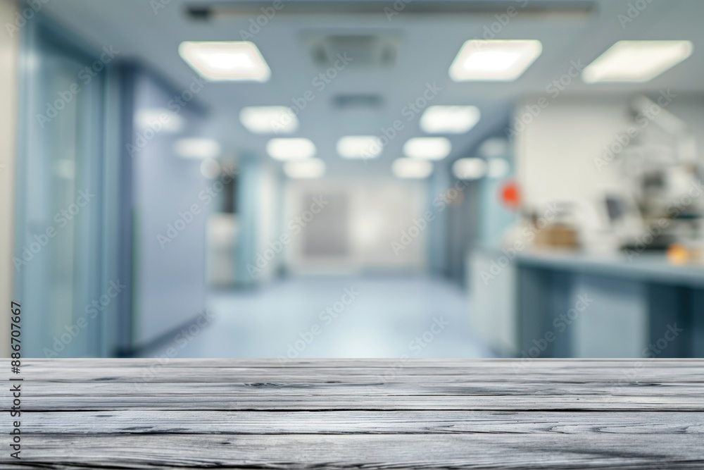 Hospital room interior with wooden floor, white walls, desk, computer monitor. Natural light pours through windows on left side. Empty table top ideal for product display in clinic setting. Hospital room interior with wooden floor, white walls, desk, computer monitor. Natural light pours through windows on left side. Empty table top ideal for product display in clinic setting.