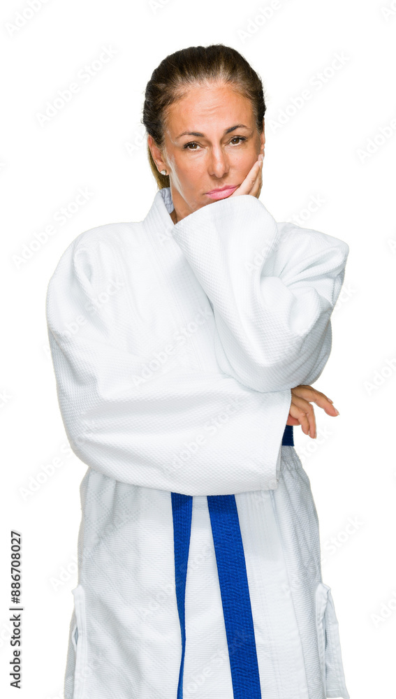 Middle age adult woman wearing karate kimono uniform over isolated background thinking looking tired and bored with depression problems with crossed arms. Middle age adult woman wearing karate kimono uniform over isolated background thinking looking tired and bored with depression problems with crossed arms.