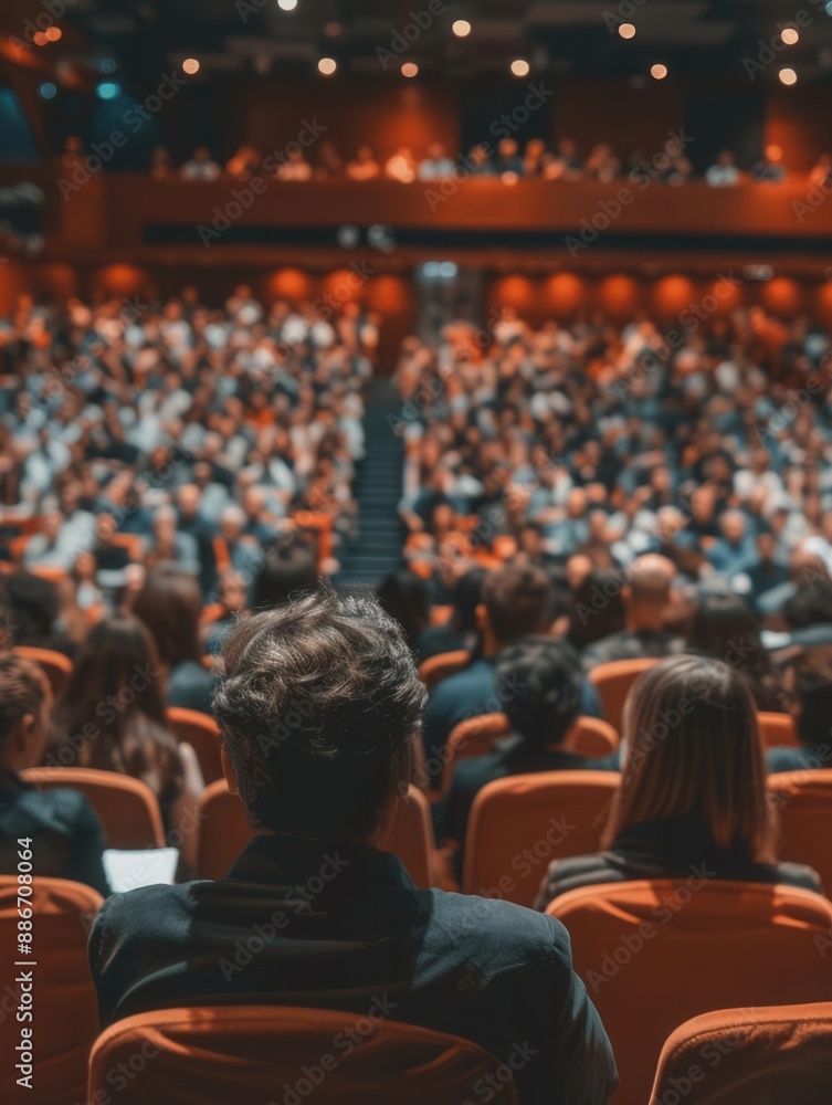 Rear view of people in audience at the conference hall, Speaker giving a talk in conference hall at business event Rear view of people in audience at the conference hall, Speaker giving a talk in conference hall at business event