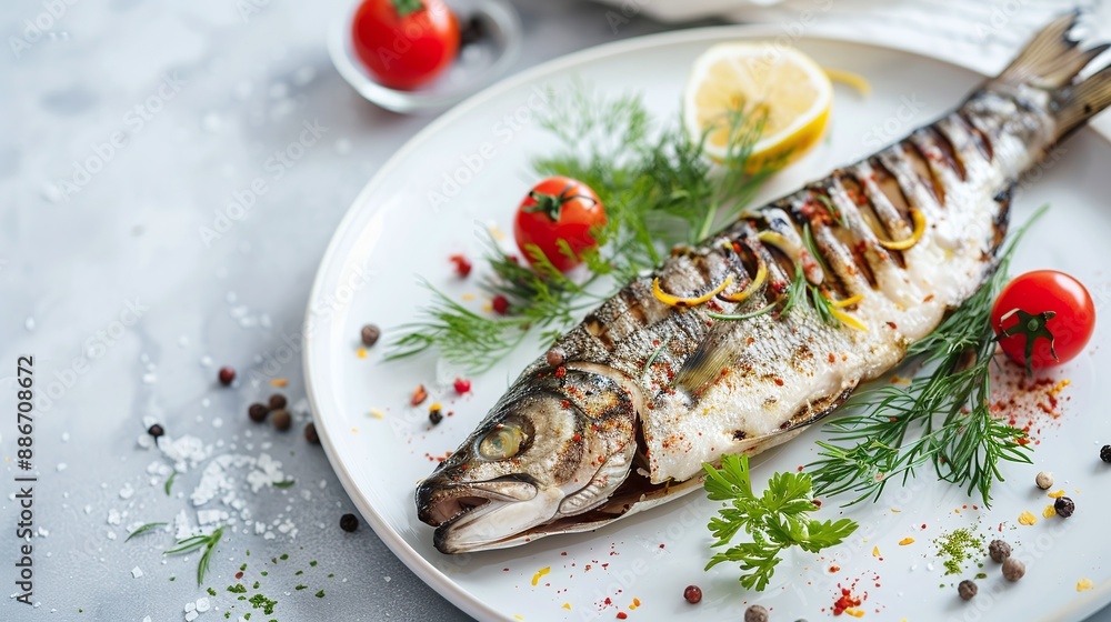 Grilled fish with lemon and spices on a white plate. generative ai illustration. Grilled fish with lemon and spices on a white plate. generative ai illustration.