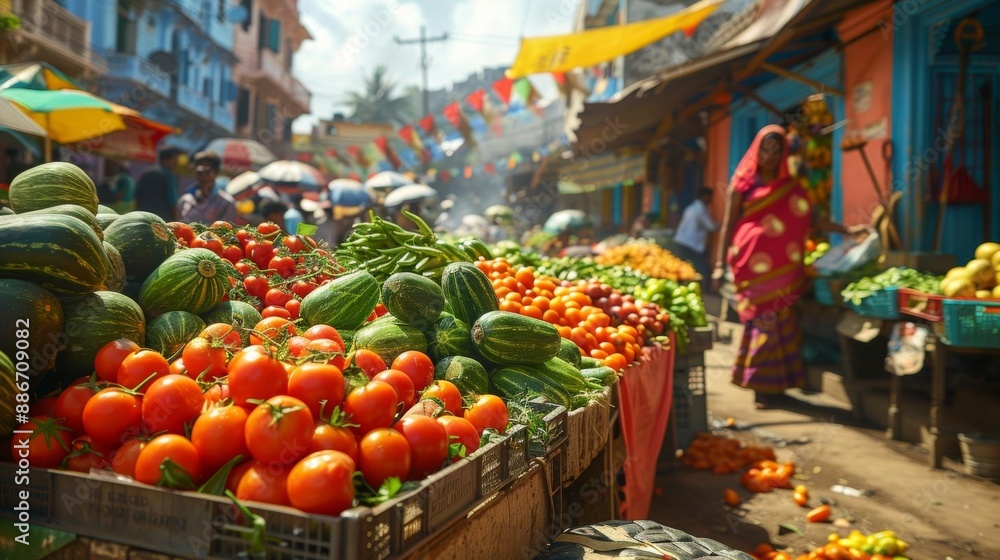 Fototapeta premium Vibrant street market in India with fresh produce and colorful stalls.