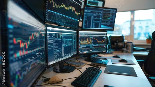 Wallpaper Mural Detailed financial analysis with dynamic stock market charts, graphs, and figures on multiple monitors, highlighting market performance and investment strategies Torontodigital.ca