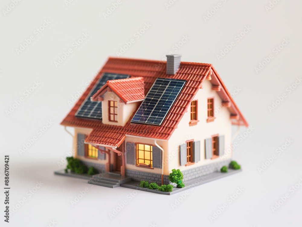 Miniature house model with solar panel on the roof. Isolated on white background. smart home energy saving concept Miniature house model with solar panel on the roof. Isolated on white background. smart home energy saving concept