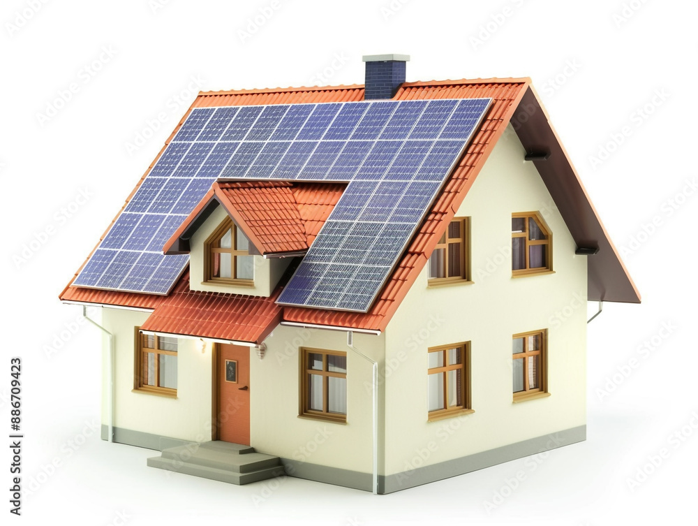Miniature house model with solar panel on the roof. Isolated on white background. smart home energy saving concept Miniature house model with solar panel on the roof. Isolated on white background. smart home energy saving concept