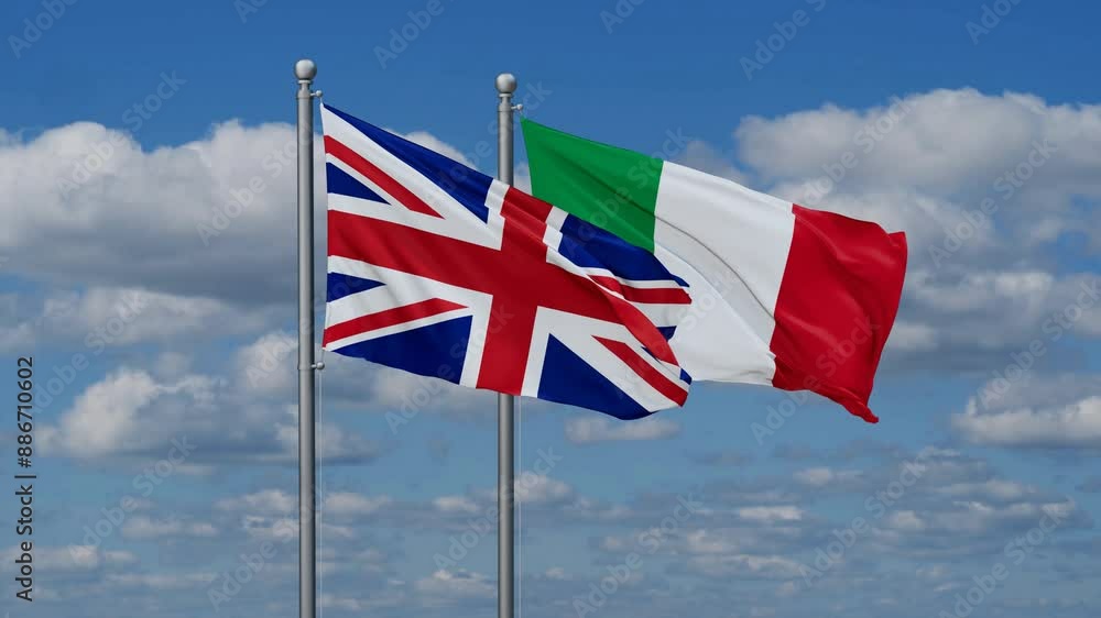 Italy and United Kingdom flags flying together, video concept of the relationship, two country cooperation concept Italy and United Kingdom flags flying together, video concept of the relationship, two country cooperation concept