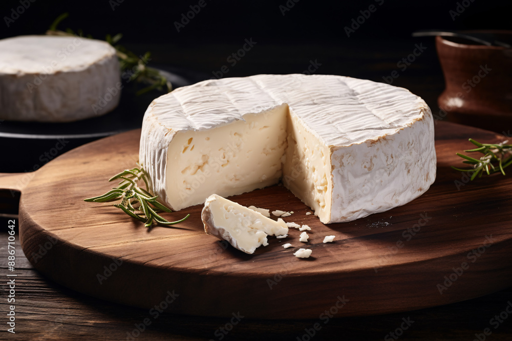 French Brie cheese with rind of white mould on wooden cutting board
