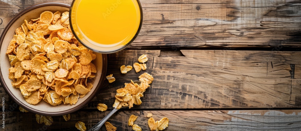 Crunchy corn flakes in a bowl with a spoonful of milk next to a fresh orange juice glass on a wooden table with a blank space for a picture. Copy space image. Place for adding text and design Crunchy corn flakes in a bowl with a spoonful of milk next to a fresh orange juice glass on a wooden table with a blank space for a picture. Copy space image. Place for adding text and design
