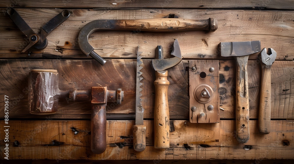 Set of carpenter's tools on wooden background. Set of carpenter's tools on wooden background.