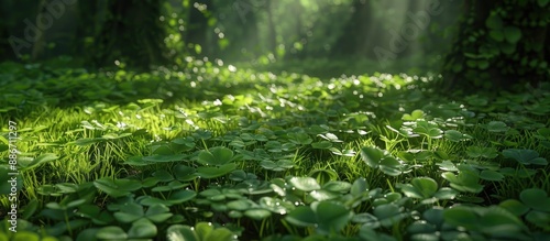 In a forest a vast field of lush green clover leaves creates an enchanting setting with a touch of magic often associated with luck The scene could be ideal for a copy space image