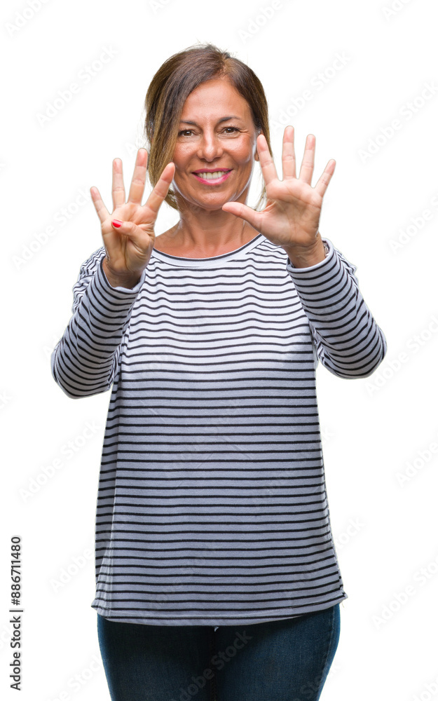 Middle age senior hispanic woman over isolated background showing and pointing up with fingers number nine while smiling confident and happy. Middle age senior hispanic woman over isolated background showing and pointing up with fingers number nine while smiling confident and happy.