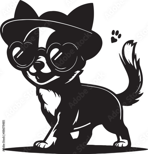 cute and funny happy Chihuahua sunglasses walking pet lover, dogs fan, silhouette vector design