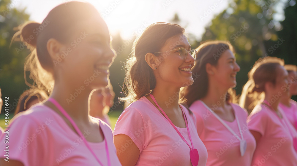 Breast Cancer Awareness Month, Group of women wearing pink shirts and ribbons Breast Cancer Awareness Month, Group of women wearing pink shirts and ribbons
