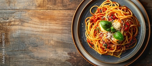 Obraz  z motywem Image showcasing a plate of savory pasta with copy space image