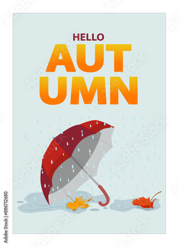 Umbrella, rain and maple leaves in a puddle. Autumn. Abstract vector template for poster, invitation, card, flyer, cover, banner, placard, brochure, social media, sale, advertising