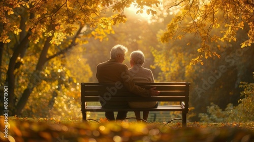 Senior couple sitting on a bench in autumn park, enjoying the sunset.