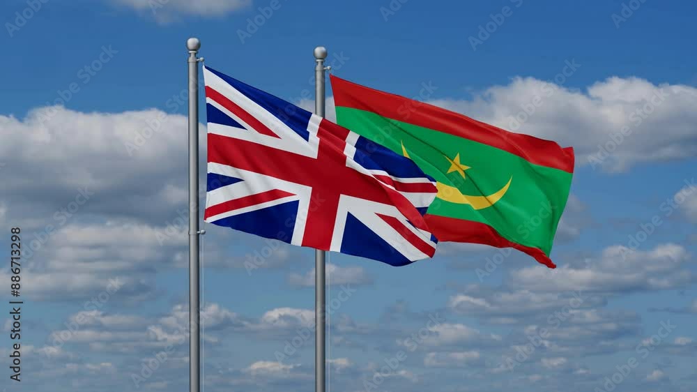 Mauritania and United Kingdom flags flying together, video concept of the relationship, two country relations concept Mauritania and United Kingdom flags flying together, video concept of the relationship, two country relations concept
