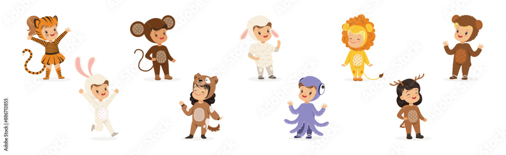 Kid Characters In Animal Costume Disguise at Masquerade Party Vector Set Kid Characters In Animal Costume Disguise at Masquerade Party Vector Set