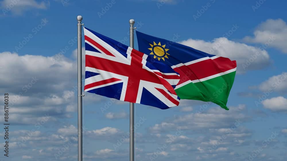 United Kingdom and Namibia flags flying together, video concept of the relationship, two country relations concept United Kingdom and Namibia flags flying together, video concept of the relationship, two country relations concept