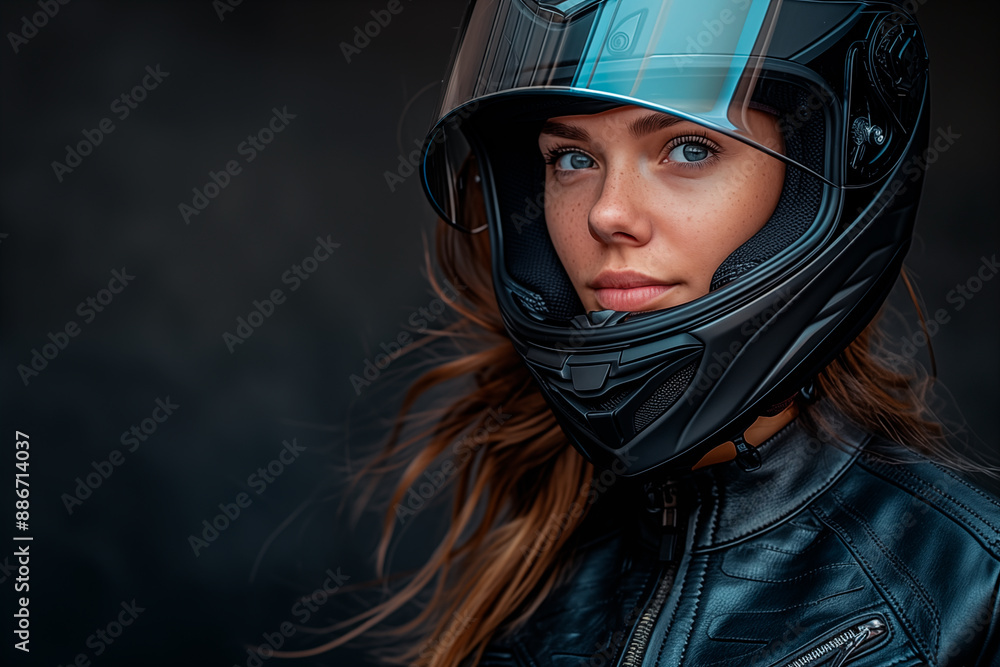 A woman wearing a black helmet with the visor up and a black leather jacket on a dark background with copy space A woman wearing a black helmet with the visor up and a black leather jacket on a dark background with copy space