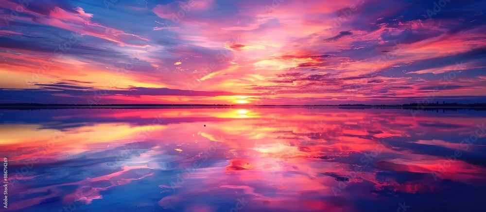 Fototapeta premium Sky with magnificent sunset colors reflecting on a tranquil lake surface in a stunning landscape setting perfect for a comtemplative copy space image