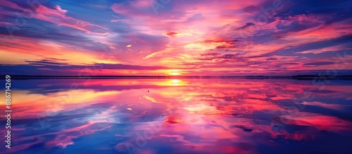 Sky with magnificent sunset colors reflecting on a tranquil lake surface in a stunning landscape setting perfect for a comtemplative copy space image