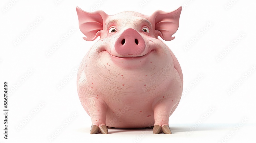 Cheerful 3D Pig Character with Round Belly and Hooves in Studio Lights on White Background Cheerful 3D Pig Character with Round Belly and Hooves in Studio Lights on White Background