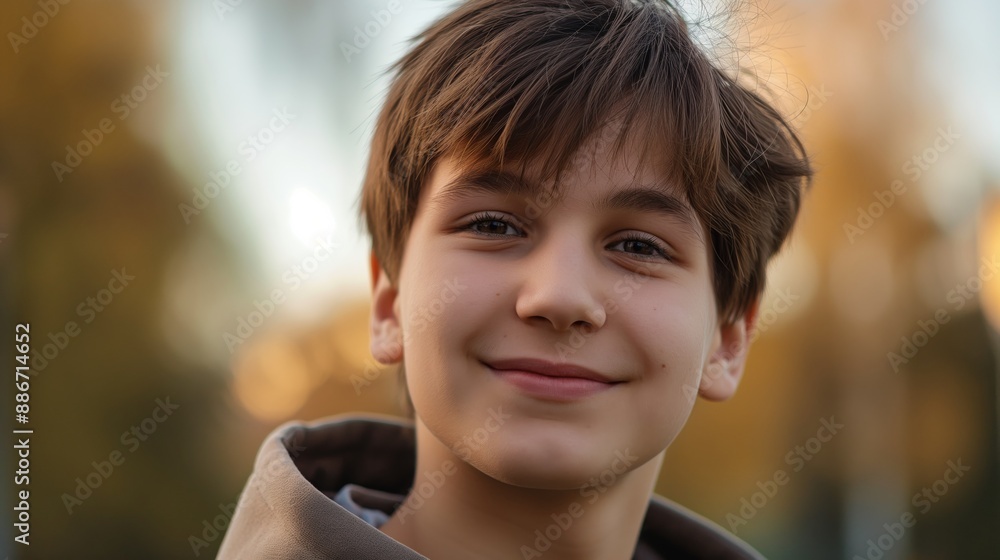 Portrait of a Smiling Russian Teenage Boy in Autumn, Ideal for Print, Poster, and Card Designs Portrait of a Smiling Russian Teenage Boy in Autumn, Ideal for Print, Poster, and Card Designs