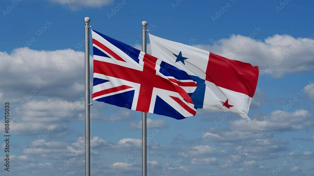 Panama and United Kingdom flags flying together, video concept of the relationship, two country relations concept Panama and United Kingdom flags flying together, video concept of the relationship, two country relations concept