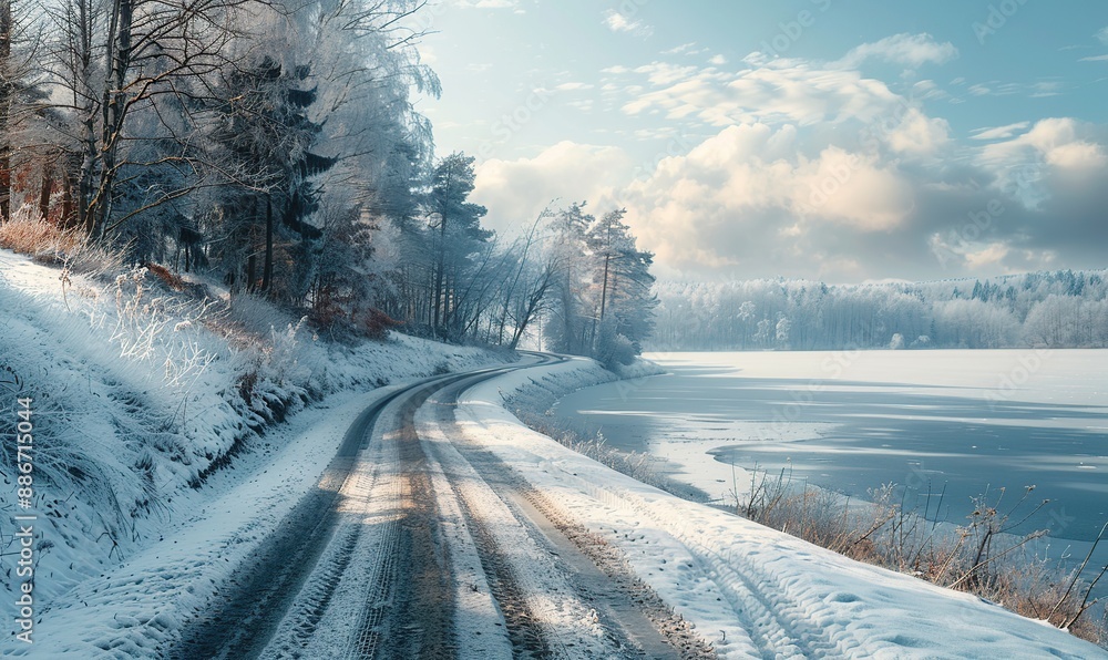 Beautiful landscape of winding snowy asphalt road near the lake Beautiful landscape of winding snowy asphalt road near the lake