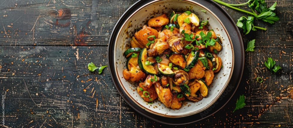 A dish with fried mushrooms and zucchini slices presented in a bowl with empty space for custom image insertion. Copy space image. Place for adding text and design A dish with fried mushrooms and zucchini slices presented in a bowl with empty space for custom image insertion. Copy space image. Place for adding text and design