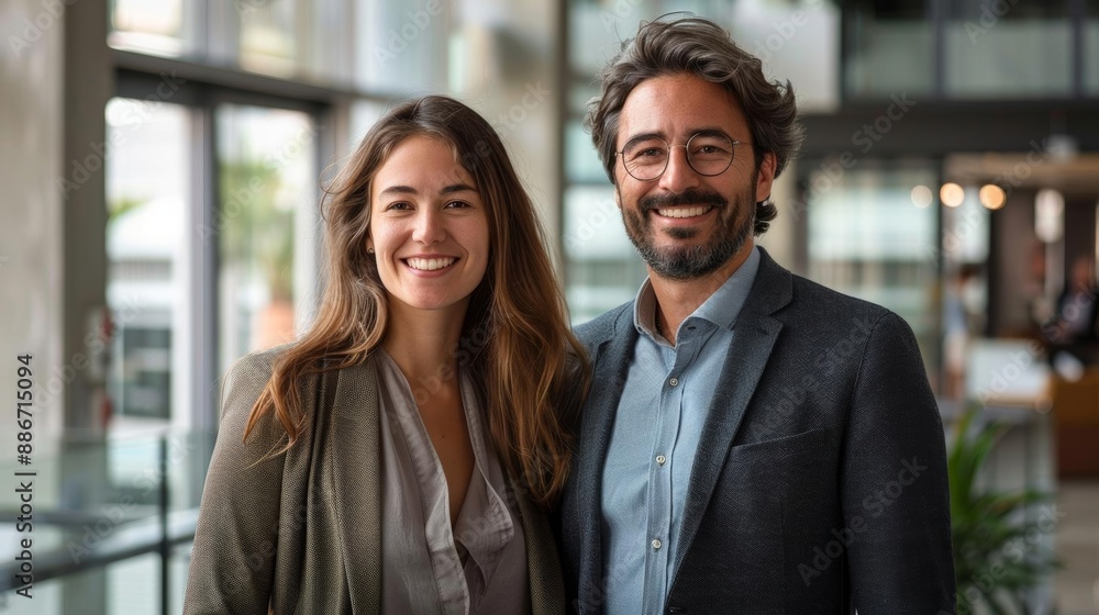 Smiling business colleagues standing together in a modern office. Smiling business colleagues standing together in a modern office.