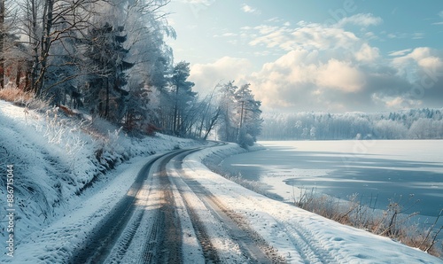 Beautiful landscape of winding snowy asphalt road near the lake © Alina