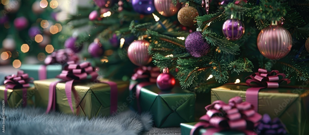Fototapeta premium A festive New Year surprise awaits under a green Christmas tree with gift boxes in various sizes and shiny ribbons beside purple and pink ornaments creating a cheerful copy space image