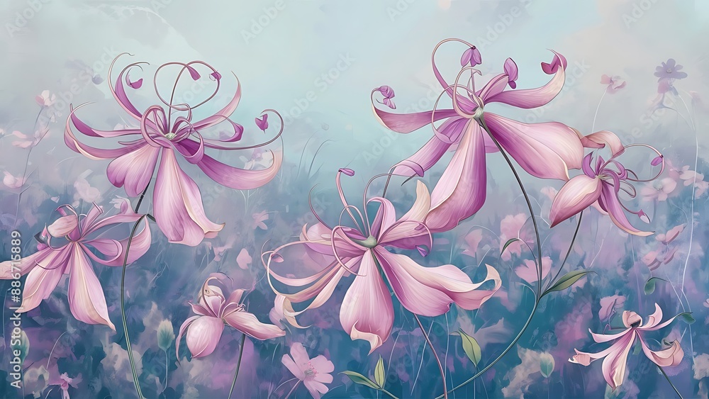 Pink and purple columbine flowers on pastel blue background Pink and purple columbine flowers on pastel blue background