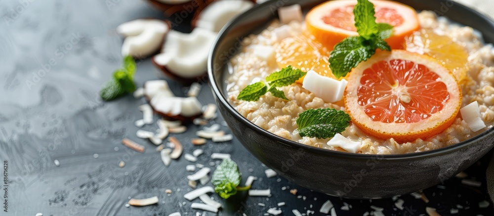 Focus on a breakfast bowl of oatmeal with coconut and citrus emphasizing selective focus with dedicated copy space image Focus on a breakfast bowl of oatmeal with coconut and citrus emphasizing selective focus with dedicated copy space image