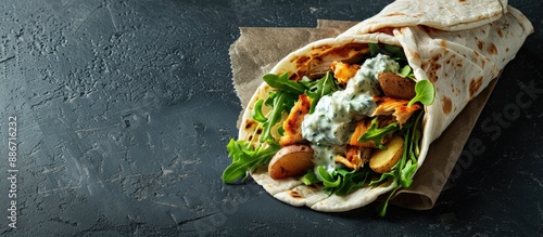 A delicious gyro souvlaki wrap featuring chicken potatoes tzatziki sauce presented in the picture with ample copy space image photo