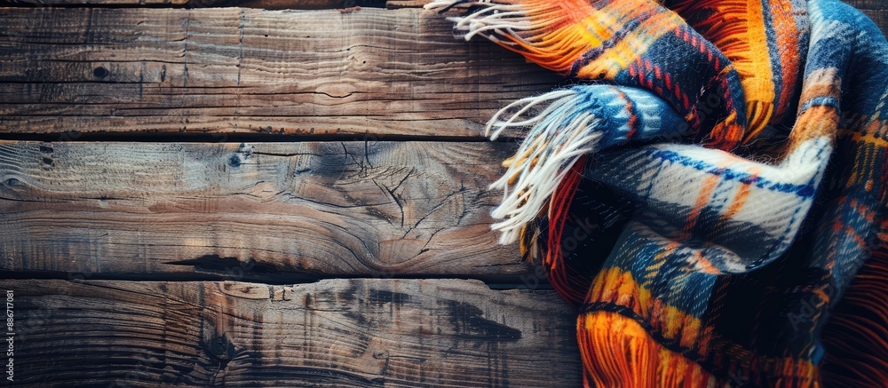 Cozy winter ambiance with checkered colorful plaid on a wooden backdrop creating a warm setting for relaxation with a copy space image Cozy winter ambiance with checkered colorful plaid on a wooden backdrop creating a warm setting for relaxation with a copy space image