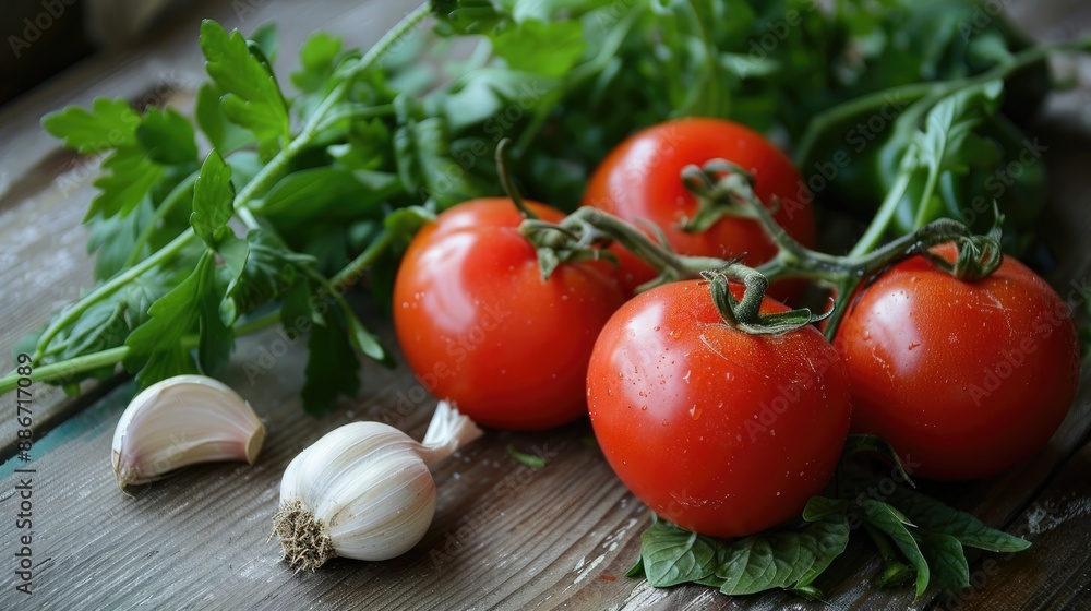 Healthy vegetables including tomatoes and garlic arranged on a wooden surface, fresh and natural. Healthy vegetables including tomatoes and garlic arranged on a wooden surface, fresh and natural.