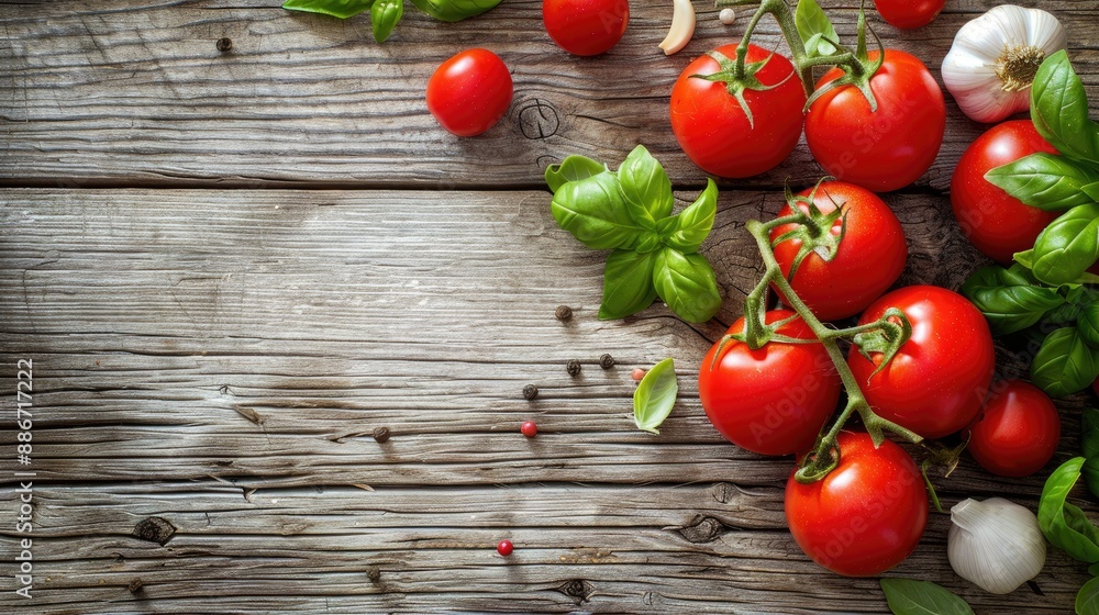 Healthy vegetables including tomatoes and garlic arranged on a wooden surface, fresh and natural. Healthy vegetables including tomatoes and garlic arranged on a wooden surface, fresh and natural.
