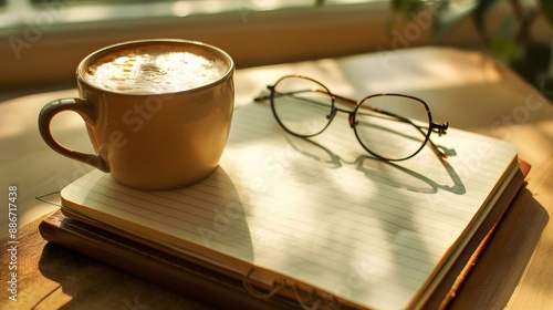 School notebook with glasses and coffee on table