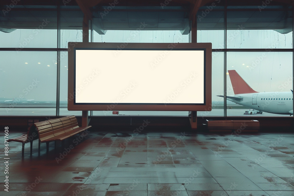 Blank billboard, blank information board in airport waiting area with large windows, Generative AI Blank billboard, blank information board in airport waiting area with large windows, Generative AI