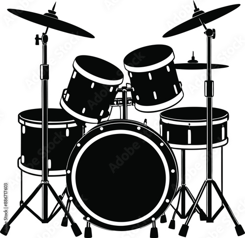 Black white drum set silhouette vector Style illustration. Generative AI