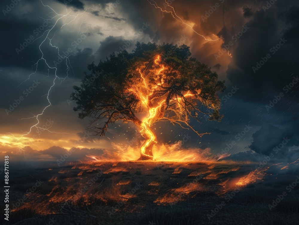 Fototapeta premium Fiery Tree in a Stormy Sky