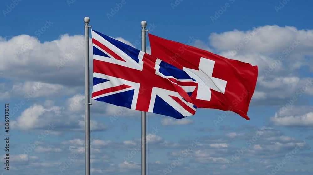 Switzerland and United Kingdom flags flying together, video concept of the relationship, two country cooperation concept Switzerland and United Kingdom flags flying together, video concept of the relationship, two country cooperation concept