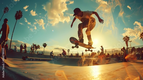 Urban Skate Park with Skateboarders Performing Tricks