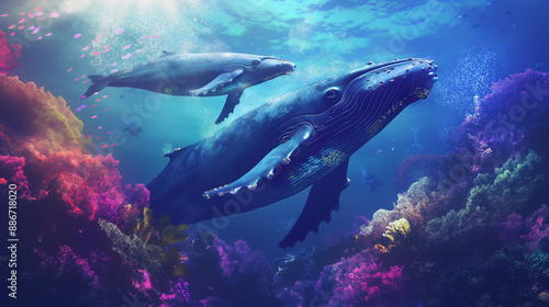 A​ couple of ​humpback on the underwater isolation, Illustration