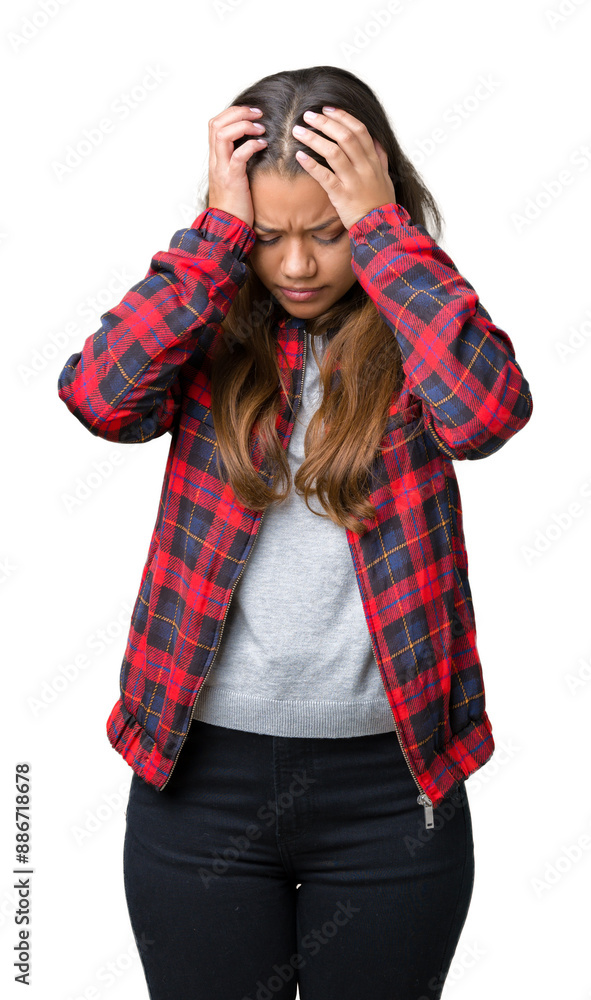 Φωτογραφία Young beautiful brunette woman wearing a jacket over isolated background suffering from headache desperate and stressed because pain and migraine