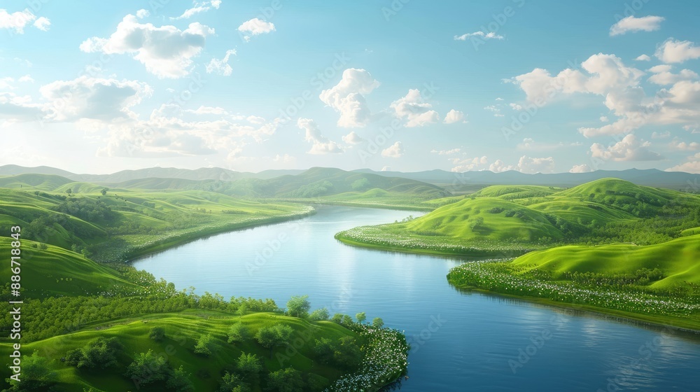 Idyllic river meandering through a lush green landscape under a cloudless sky, seamless looping 4k animation for a peaceful scene. Idyllic river meandering through a lush green landscape under a cloudless sky, seamless looping 4k animation for a peaceful scene.